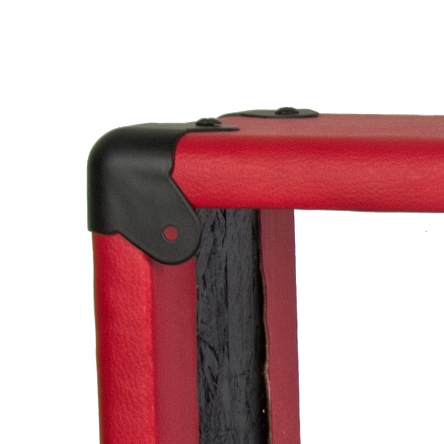 A close-up of one of the four rear wall fixing bracket on an "Amp Head" style shelf, wrapped in red PVC vinyl. Shown on a white background.
