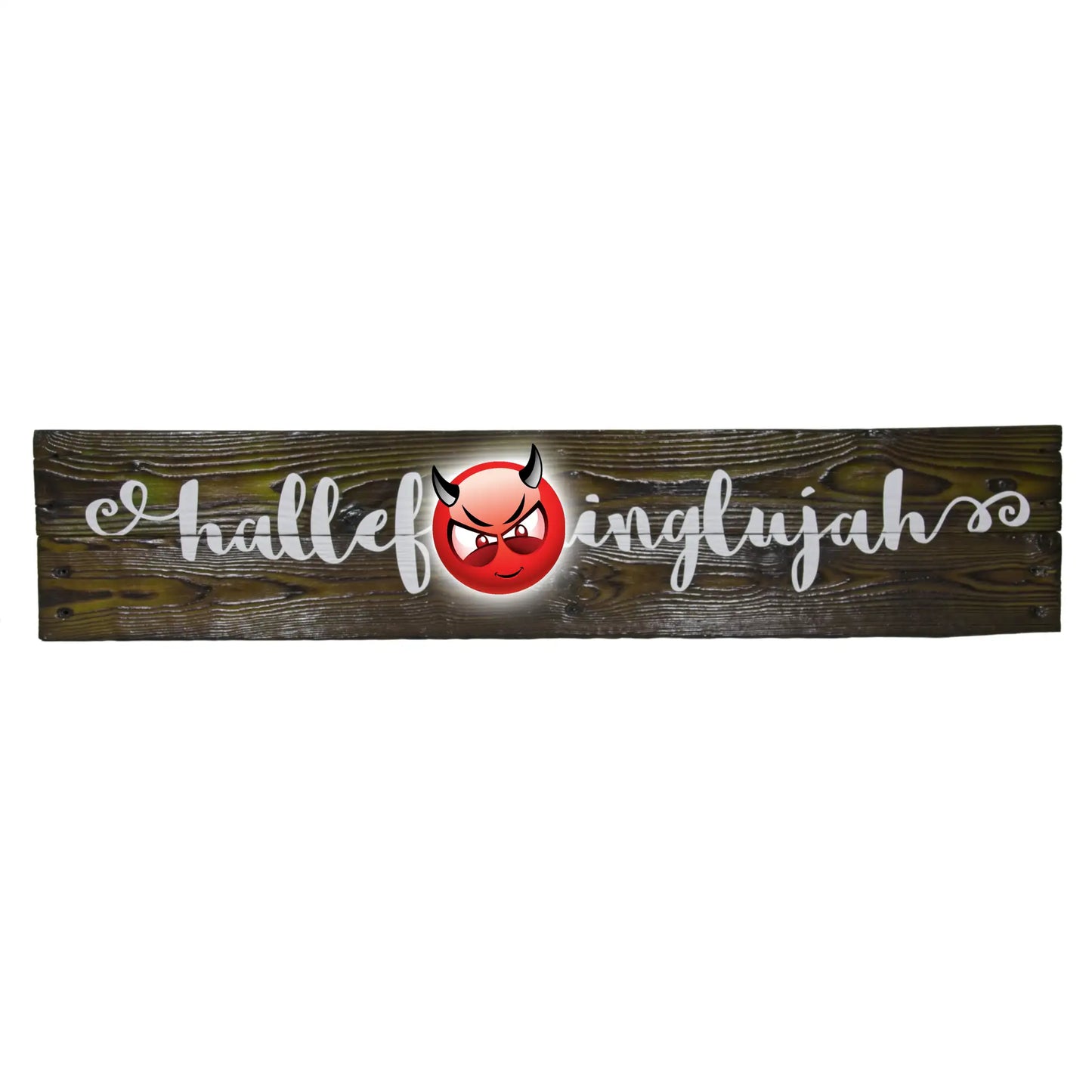 Wooden Hallef'inglujah sign, finished in a pistachio colour, censored with a red devil emoji. Part of the Elegant Profanity collection.