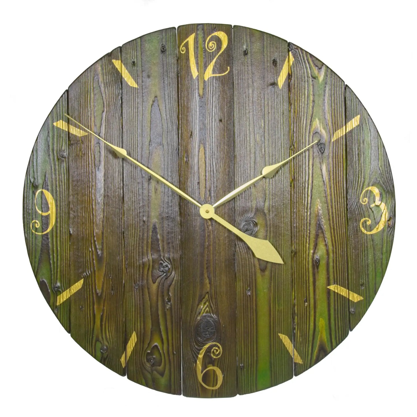 A handcrafted pallet wood wall clock, 666mm in diameter, with gold-coloured hands and gold vinyl numerals. Shown on a white background.
