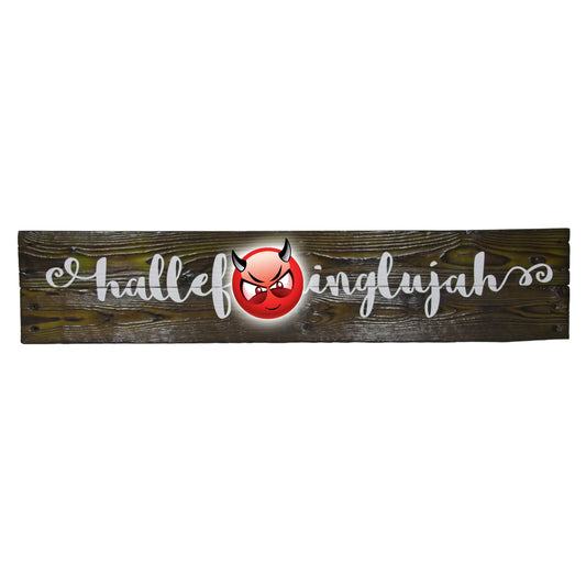 Wooden Hallef'inglujah sign, finished in a pistachio colour, censored with a red devil emoji. Part of the Elegant Profanity collection.