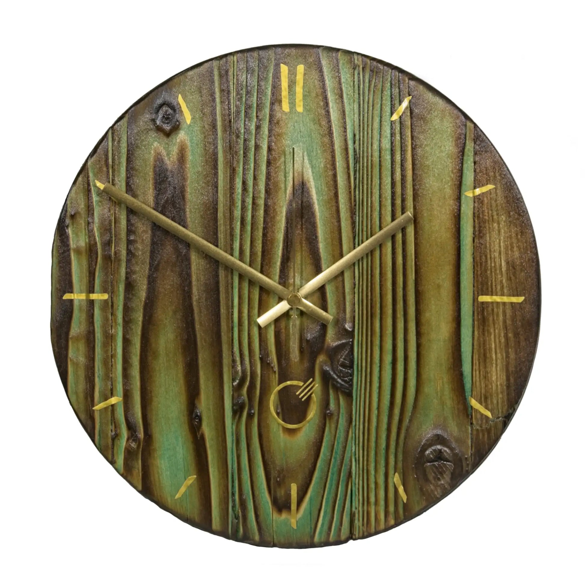 A handcrafted pallet wood wall clock, 300mm in diameter, with gold-coloured hands and gold vinyl markers. Finished in a menthol colour and shown on a white background.