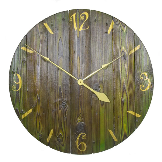 A handcrafted pallet wood wall clock, 666mm in diameter, with gold-coloured hands and gold vinyl numerals. Shown on a white background.