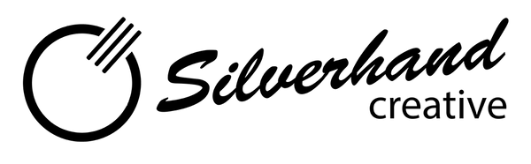 Silverhand Creative logo, with the Tri-crossed ring mark to the left, Silverhand in sloping brushed script and creative below. On a transparent background.