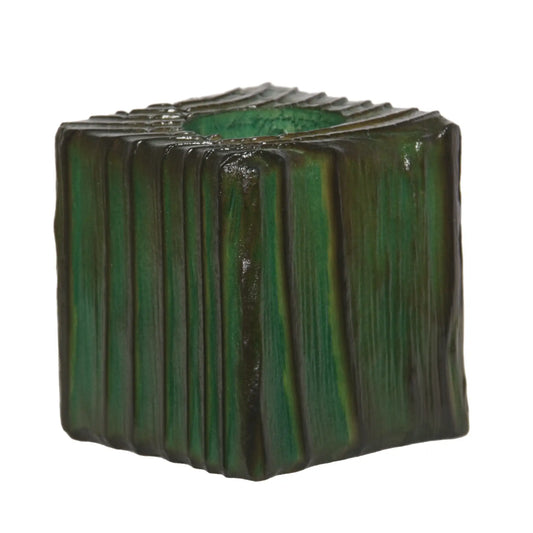 A handcrafted wooden fence post tealight holder, 70mm high and finished in an antique green colour. Shown on a white background.