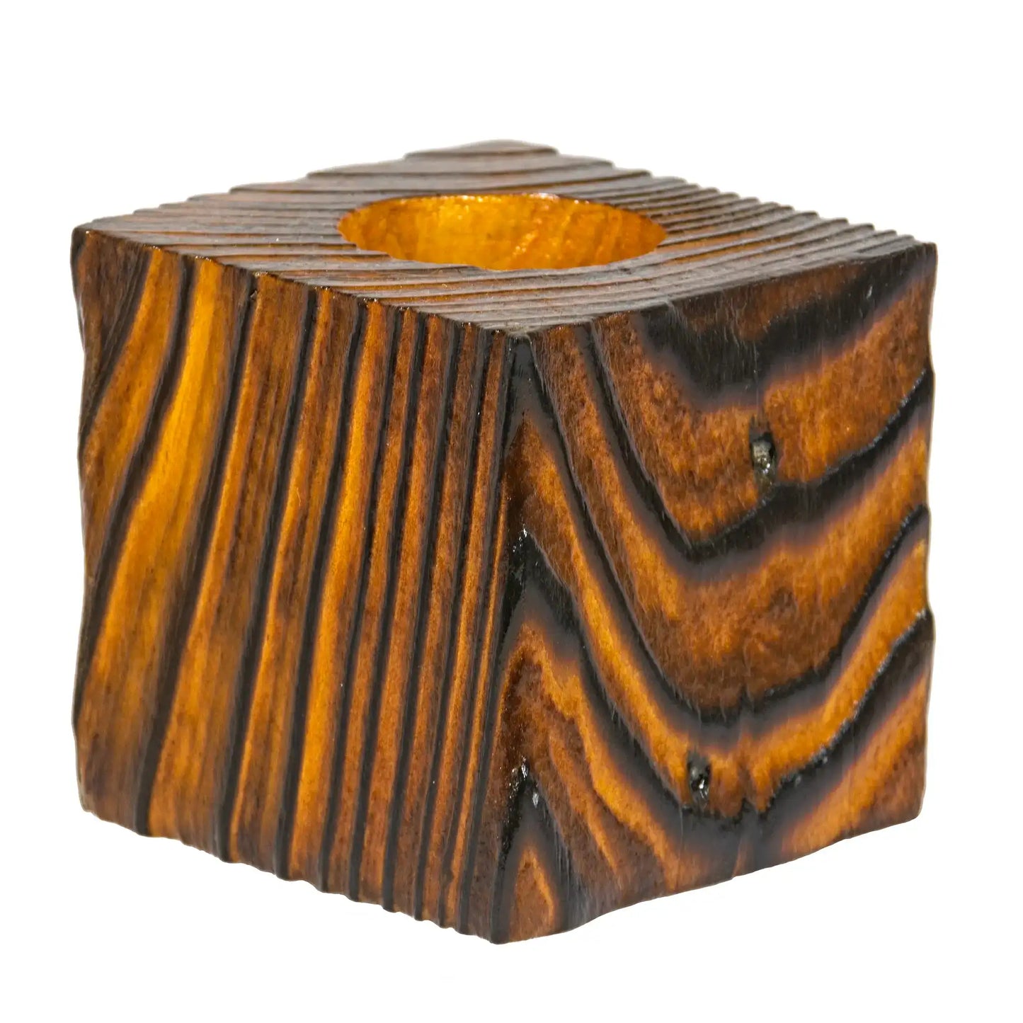 A handcrafted wooden fence post tealight holder, 70mm high and finished in a lemon colour. Shown on a white background.