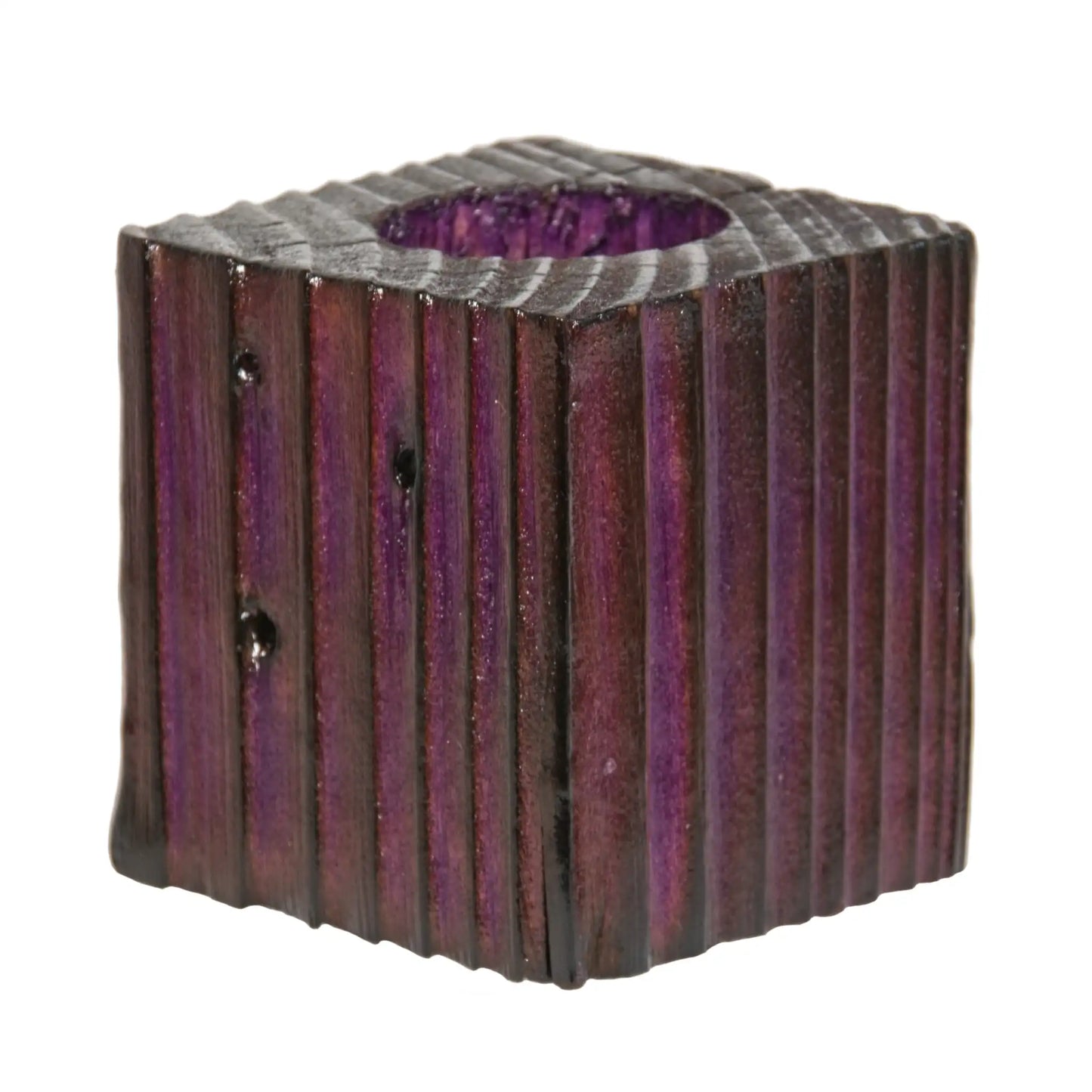 A handcrafted wooden fence post tealight holder, 70mm high and finished in a purple colour. Shown on a white background.
