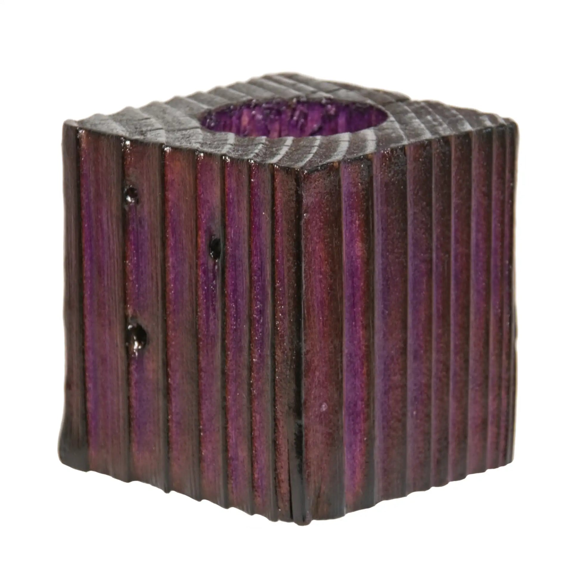 A handcrafted wooden fence post tealight holder, 70mm high and finished in a purple colour. Shown on a white background.