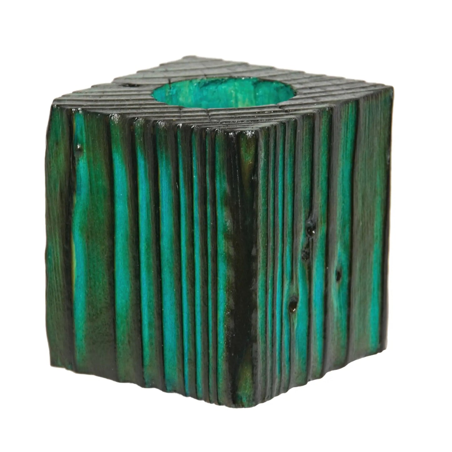 A handcrafted wooden fence post tealight holder, 70mm high and finished in a turquoise colour. Shown on a white background.