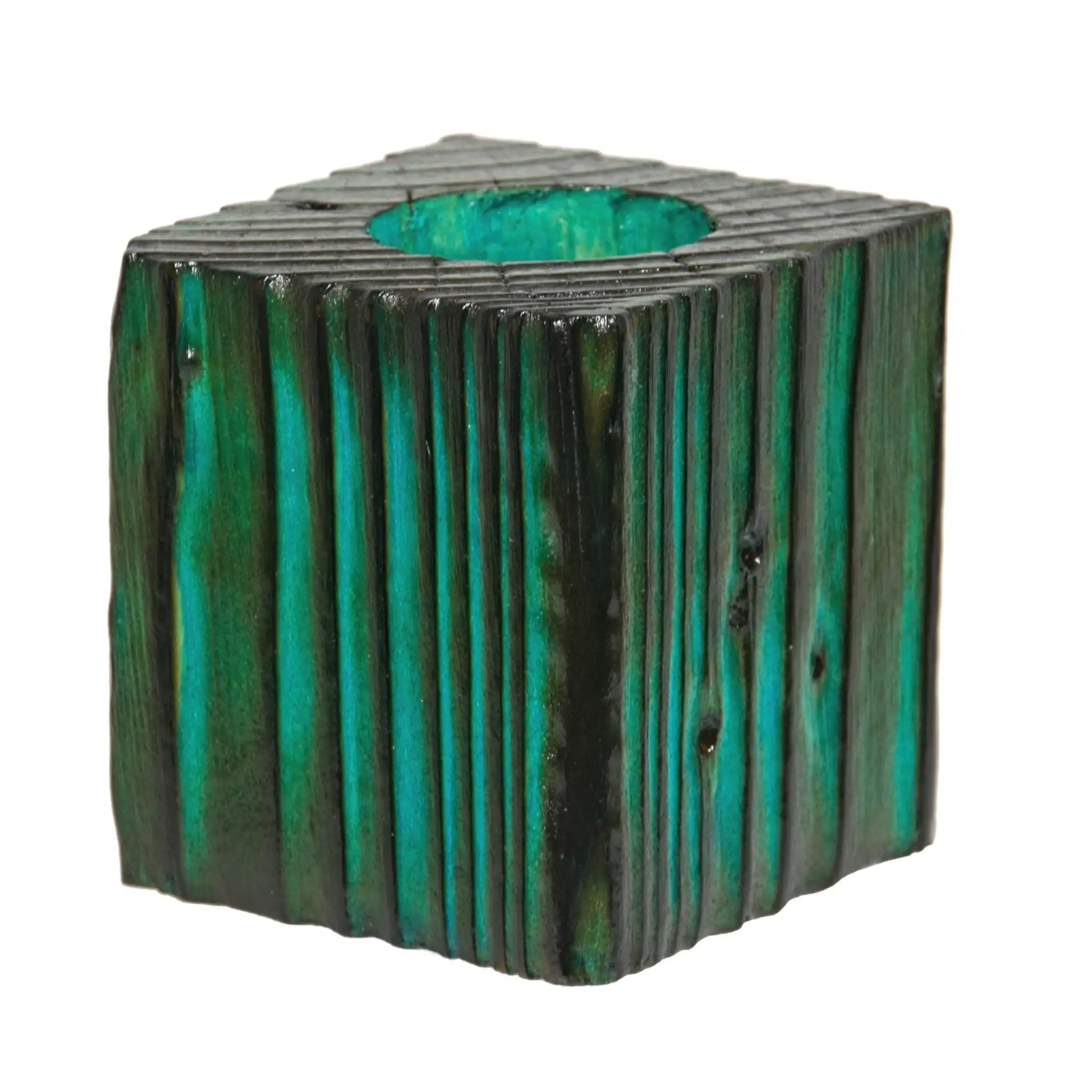A handcrafted wooden fence post tealight holder, 70mm high and finished in a turquoise colour. Shown on a white background.
