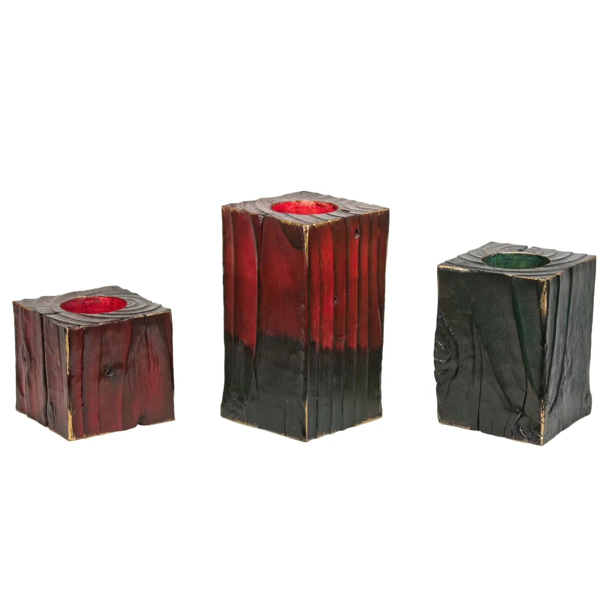 A set of 3 wooden Christmas tealight holders of different sizes. The largest has a red top. Shown on a white background.