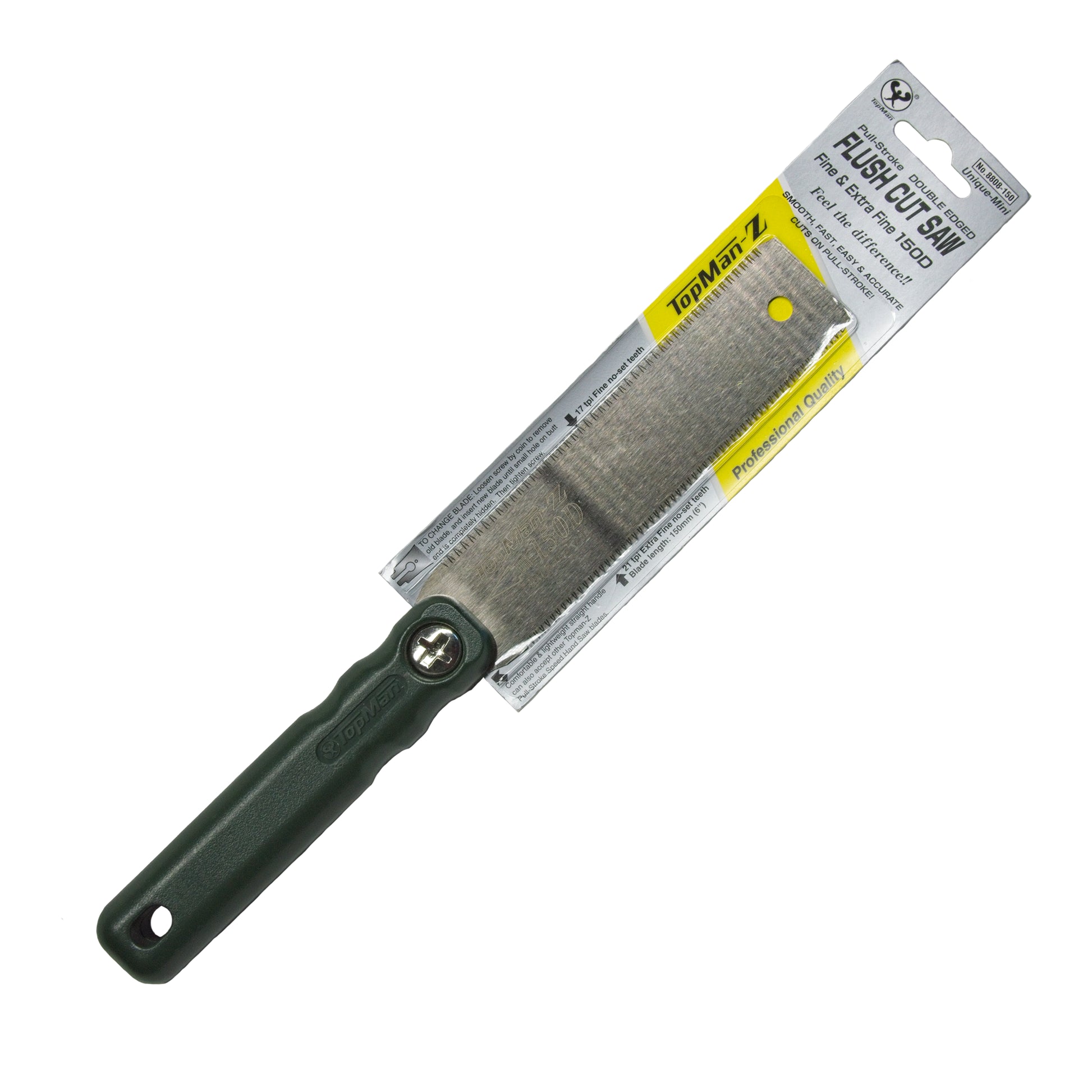 The TopMan-Z Flush 150D Kugihiki-nokogiri Japanese Saw. Shown in retail packaging and on a white background.