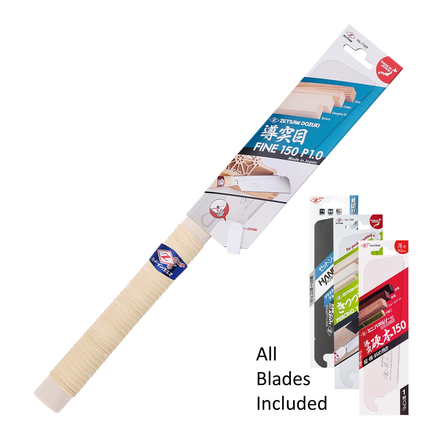 The Zetsaw Dozuki-nokogiri 150 Kit, with full rattan handle and four interchageable blades. Shown on a white background.