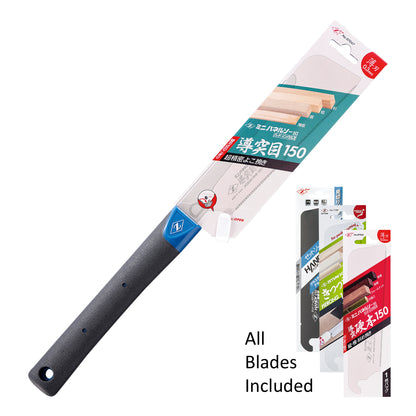The Zetsaw Dozuki-nokogiri 150 Kit, with non-rattan handle and four interchageable blades. Shown on a white background.