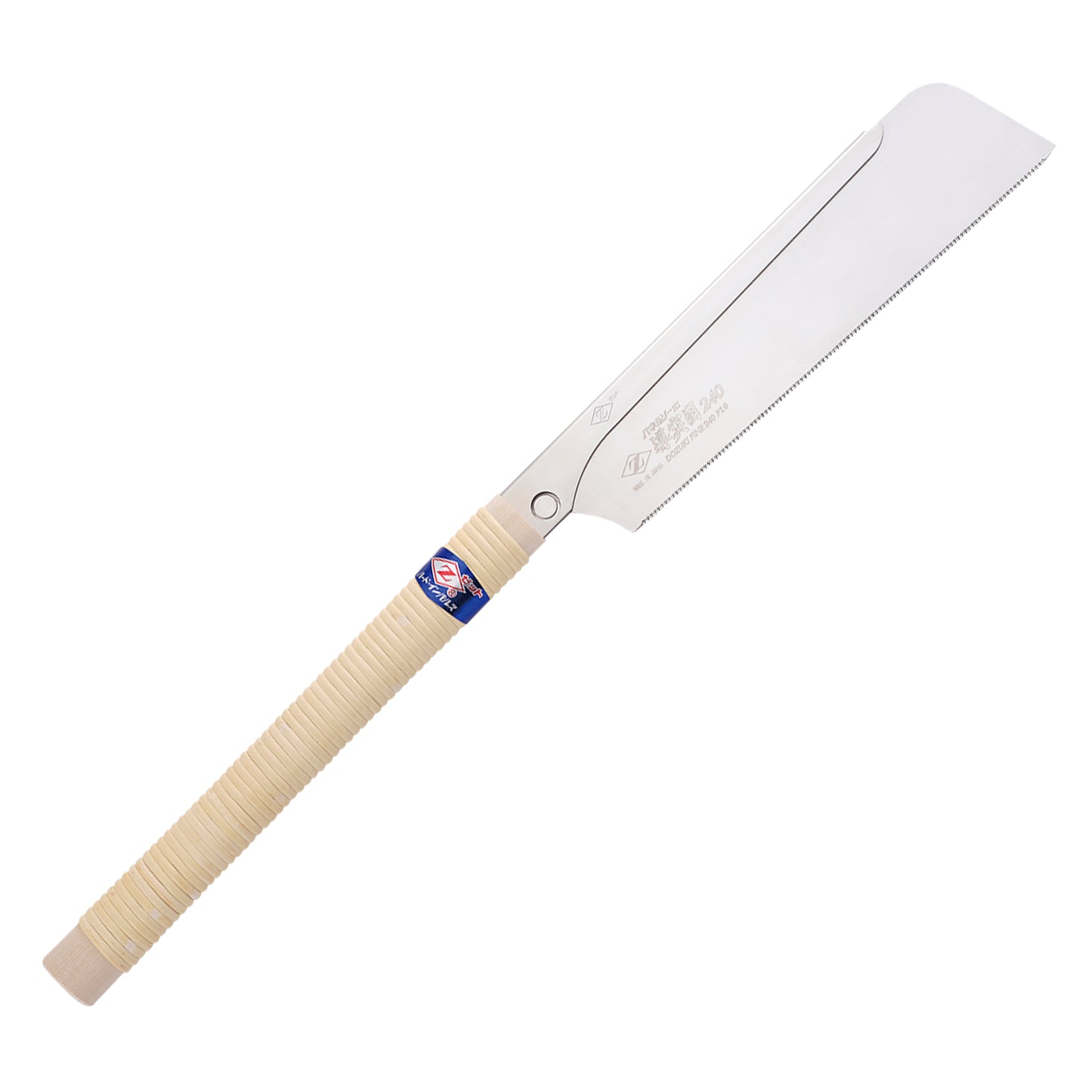 The Zetsaw Fine 240 Dozuki-nokogiri Japanese Saw. Shown with a rattan-wrapped wooden handle, in retail packaging and on a white background.