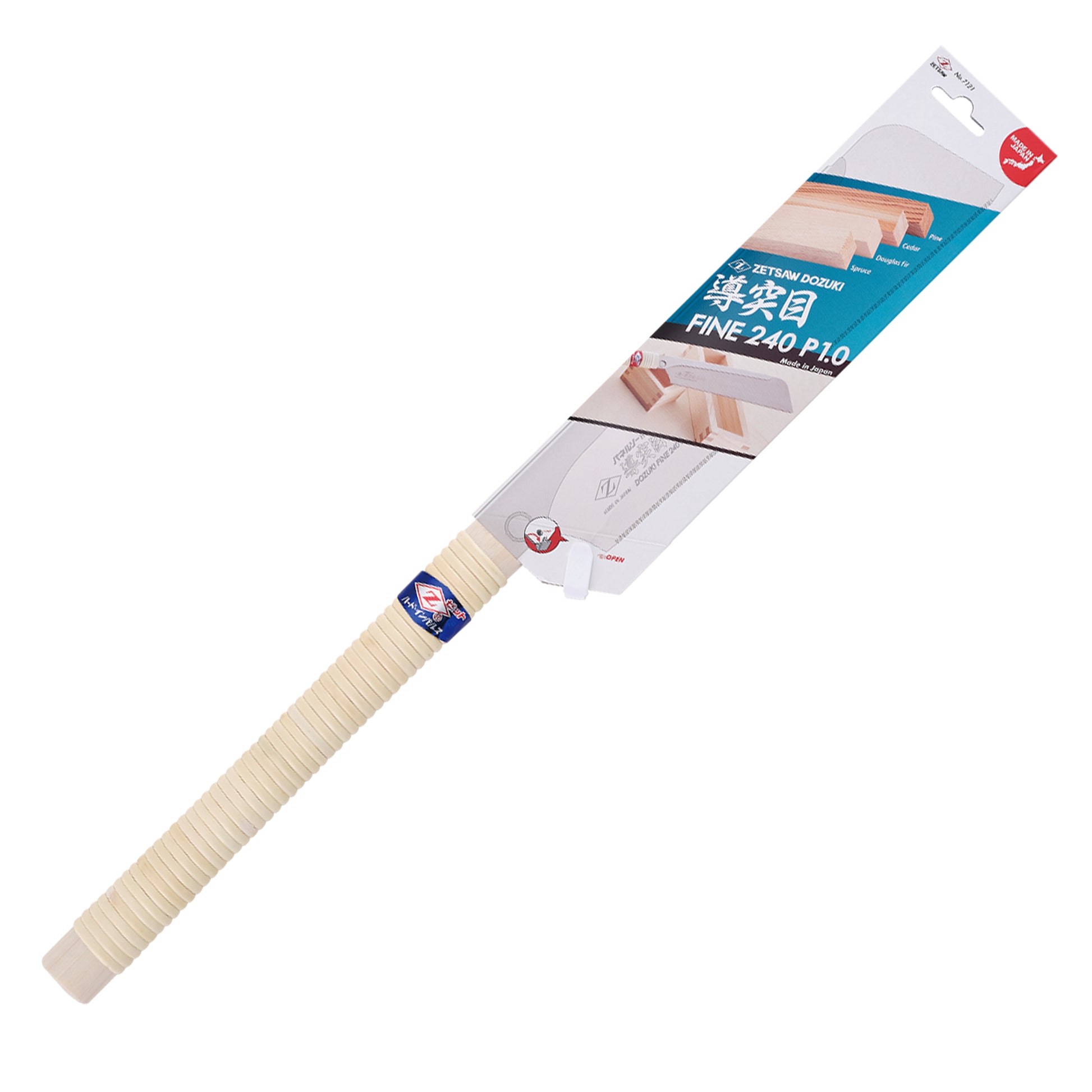 The Zetsaw Fine 240 Dozuki-nokogiri Japanese Saw. Shown with a rattan-wrapped wooden handle, in retail packaging and on a white background.