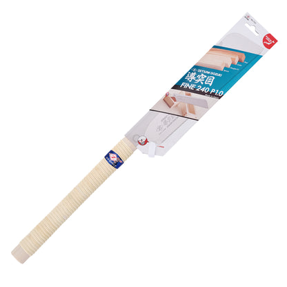 The Zetsaw Fine 240 Dozuki-nokogiri Japanese Saw. Shown with a rattan-wrapped wooden handle, in retail packaging and on a white background.