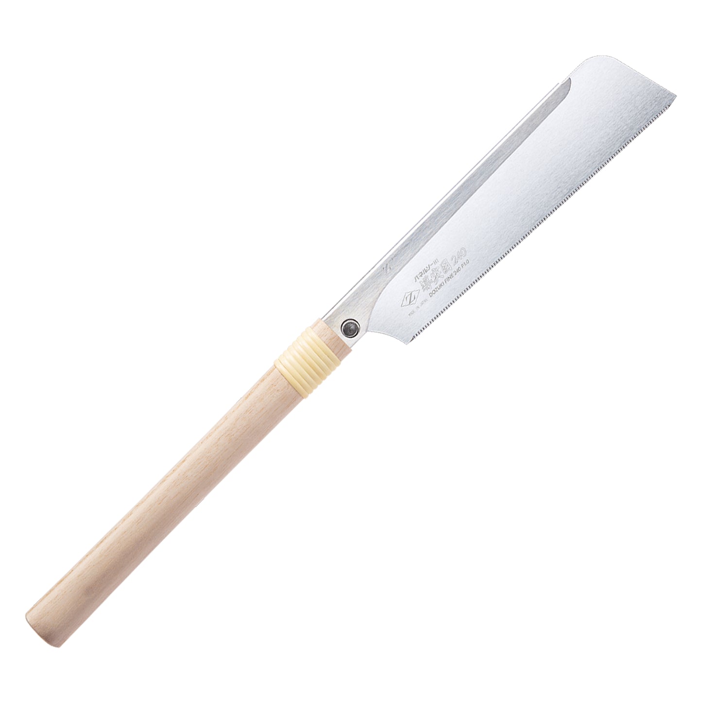 The Zetsaw Fine H-240 Dozuki-nokogiri Japanese Saw. Shown with a wooden handle, in retail packaging and on a white background.