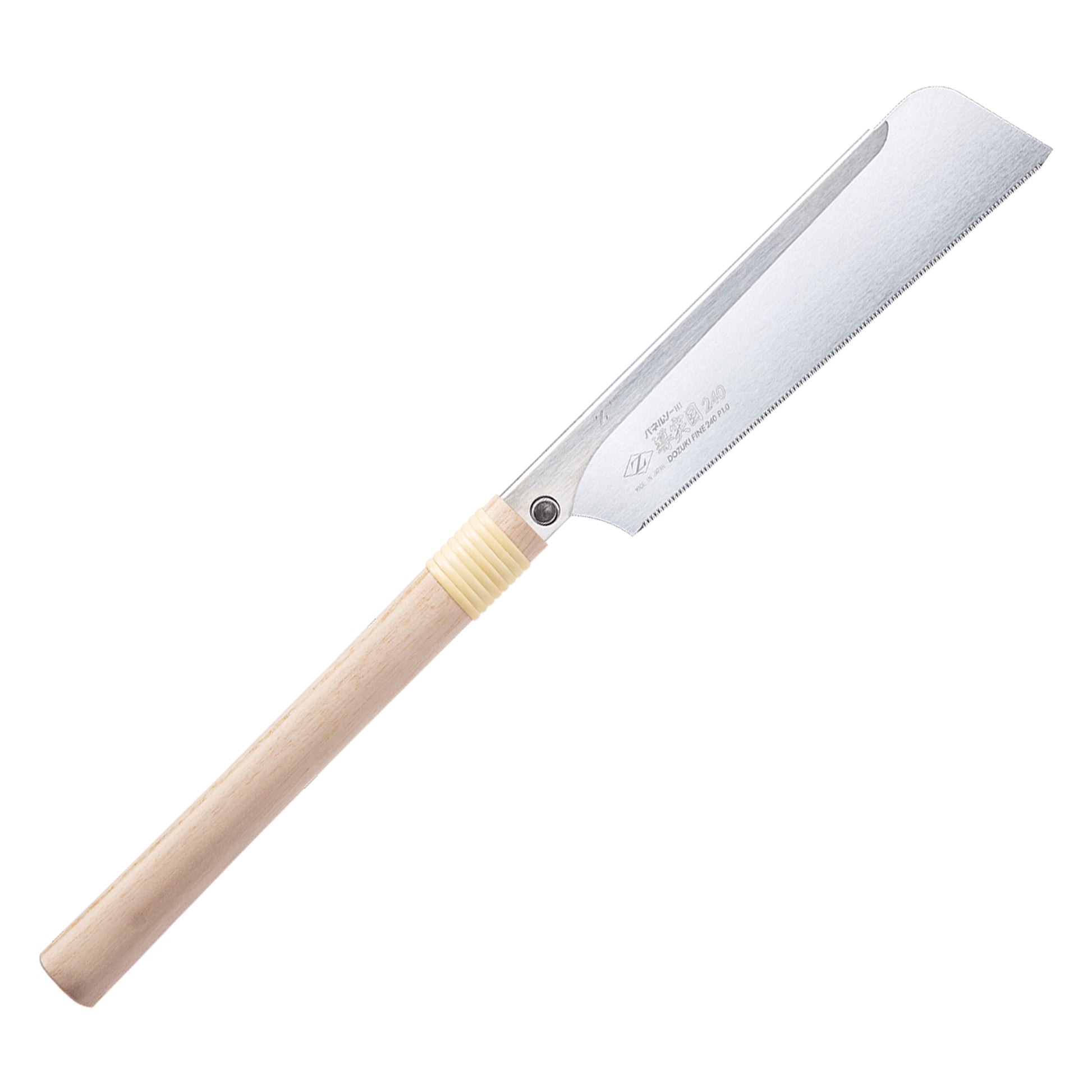 The Zetsaw Fine H-240 Dozuki-nokogiri Japanese Saw. Shown with a wooden handle, in retail packaging and on a white background.