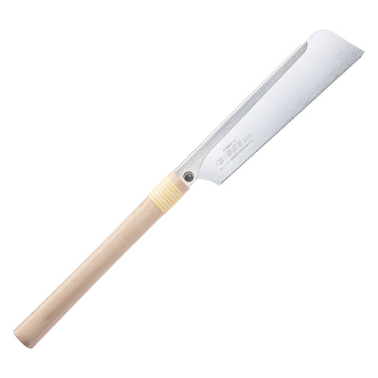 The Zetsaw Fine H-240 Dozuki-nokogiri Japanese Saw. Shown with a wooden handle, in retail packaging and on a white background.