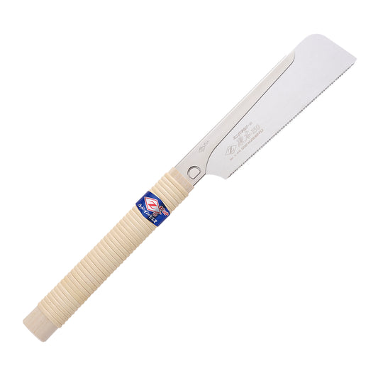 The Zetsaw Hardwood 150 Dozuki-nokogiri Japanese Saw. Shown with a rattan-wrapped wooden handle and on a white background.