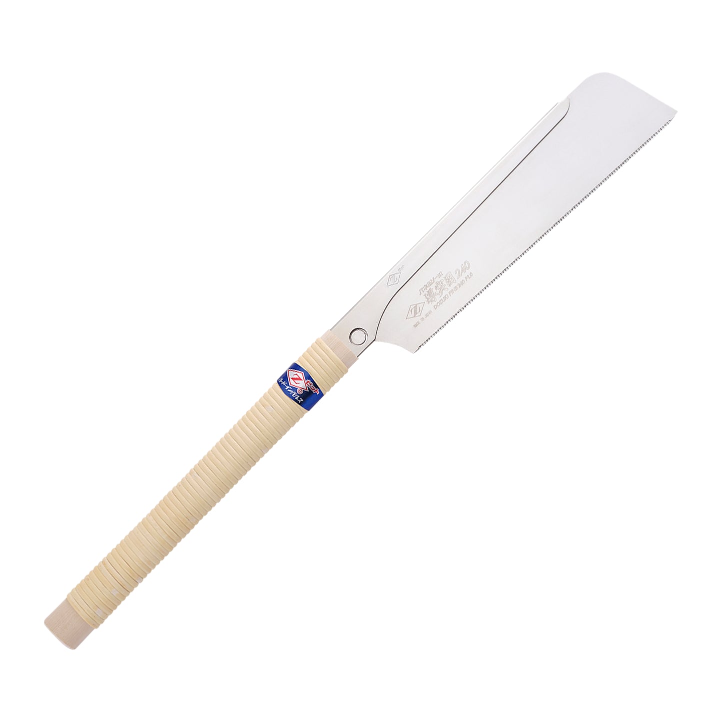 The Zetsaw Hardwood 240 Dozuki-nokogiri Japanese Saw. Shown with a rattan-wrapped wooden handle, in retail packaging and on a white background.