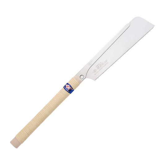 The Zetsaw Hardwood 240 Dozuki-nokogiri Japanese Saw. Shown with a rattan-wrapped wooden handle, in retail packaging and on a white background.