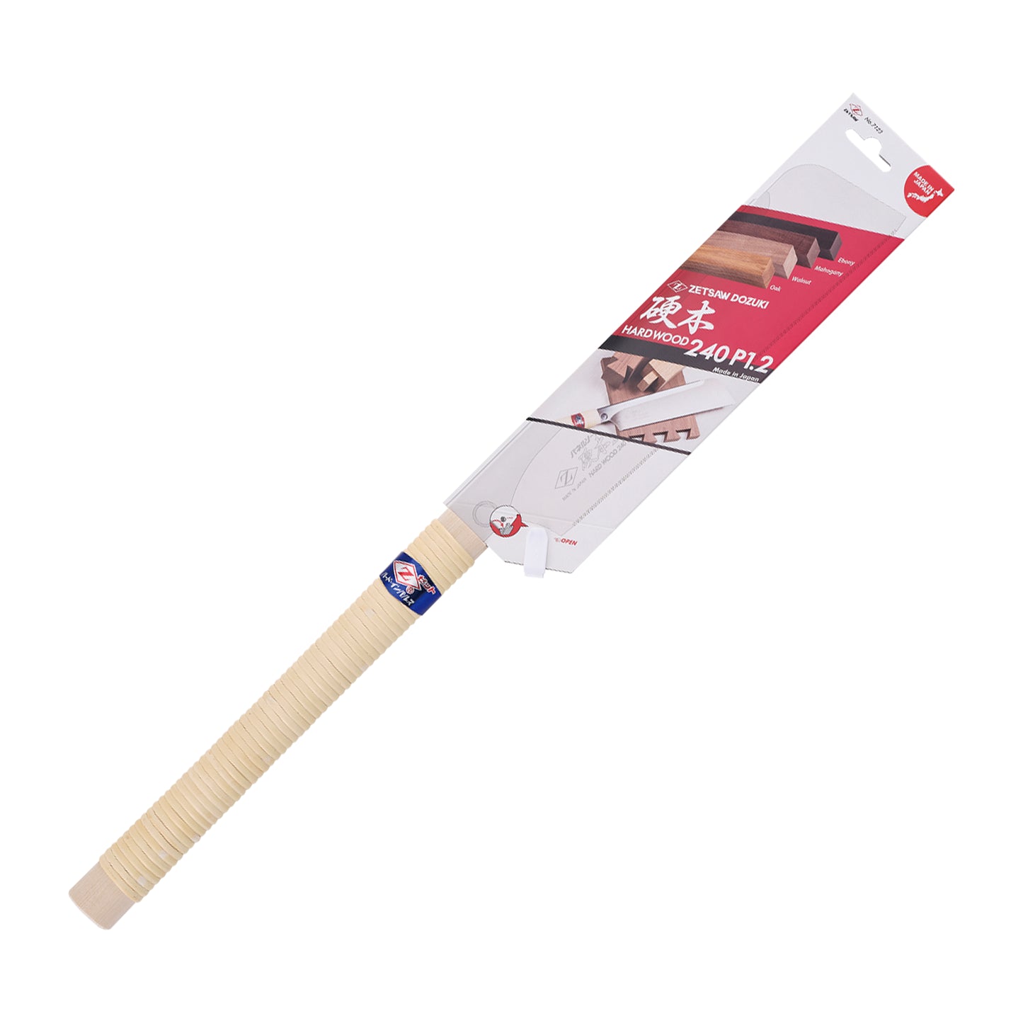 The Zetsaw Hardwood 240 Dozuki-nokogiri Japanese Saw. Shown with a rattan-wrapped wooden handle, in retail packaging and on a white background.