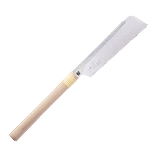 The Zetsaw Hardwood H-240 Dozuki-nokogiri Japanese Saw. Shown with a rattan-wrapped wooden handle, in retail packaging and on a white background.