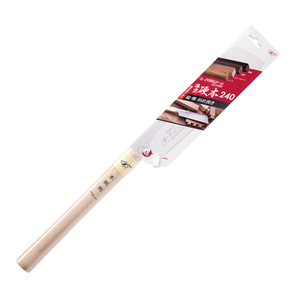 The Zetsaw Hardwood H-240 Dozuki-nokogiri Japanese Saw. Shown with a  wooden handle, in retail packaging and on a white background.
