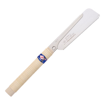 The Zetsaw Piercing 150 Dozuki-nokogiri Japanese Saw. Shown with a rattan-wrapped wooden handle and on a white background.