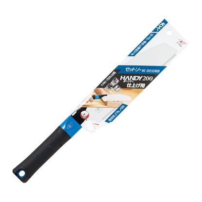 The Zetsaw Handy200 Fine Anahiki-nokogiri Folding Japanese Saw. Shown in retail packaging and on a white background.