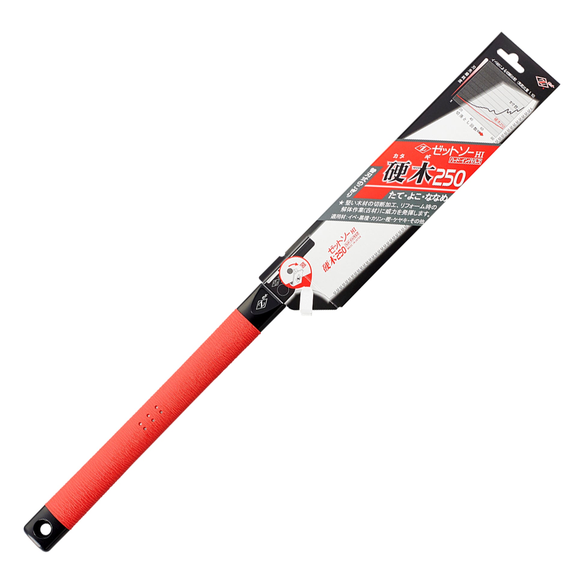 The Zetsaw Hardwood H-250 Anahiki-nokogiri Japanese Saw. Shown in retail packaging and on a white background.