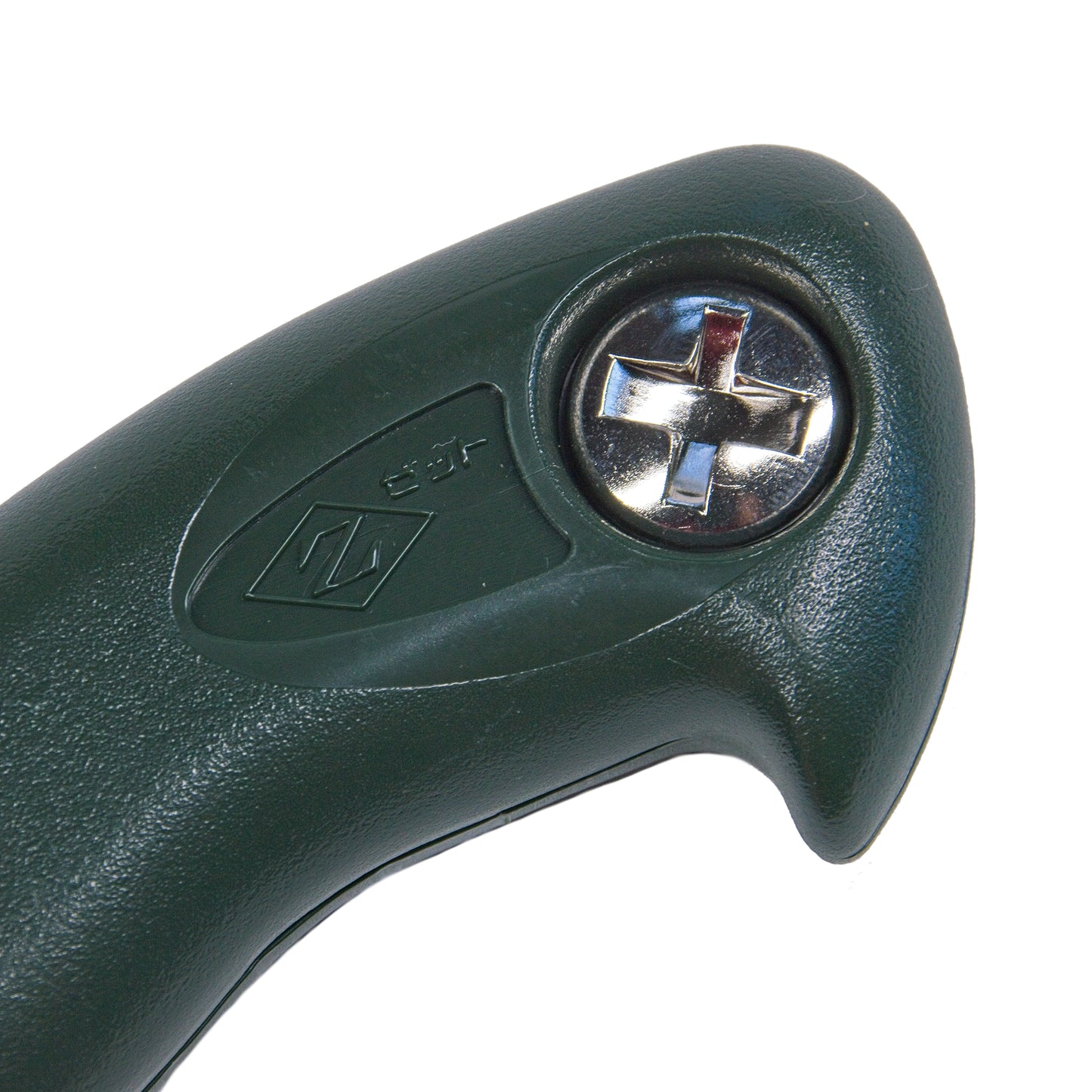 A close-up of the coin screw fitting of the Zetsaw Pistol S-117 Green Handle. Shown on a white background.