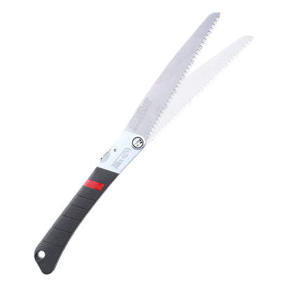 The Zetsaw TUCK-IN 210 Coarse Folding Japanese Saw. Shown extened into its alternate sawing position and on a white background.