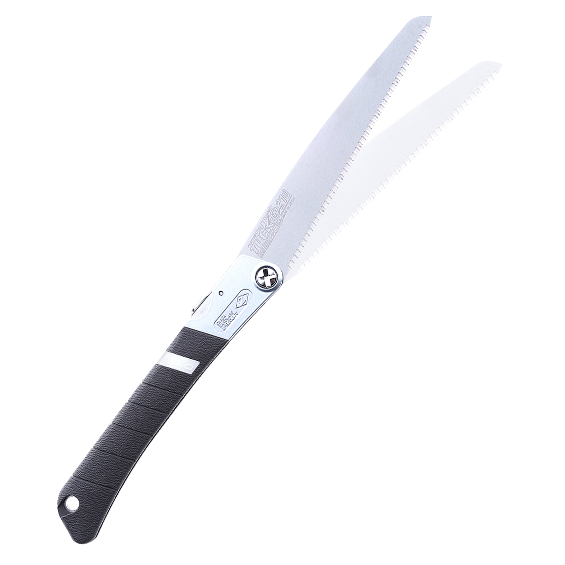 The Zetsaw TUCK-IN 210 Fine Folding Japanese Saw. Shown extened into its alternate sawing position and on a white background.