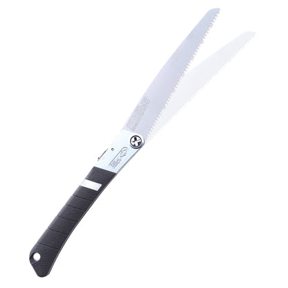 The Zetsaw TUCK-IN 210 Fine Folding Japanese Saw. Shown extened into its alternate sawing position and on a white background.