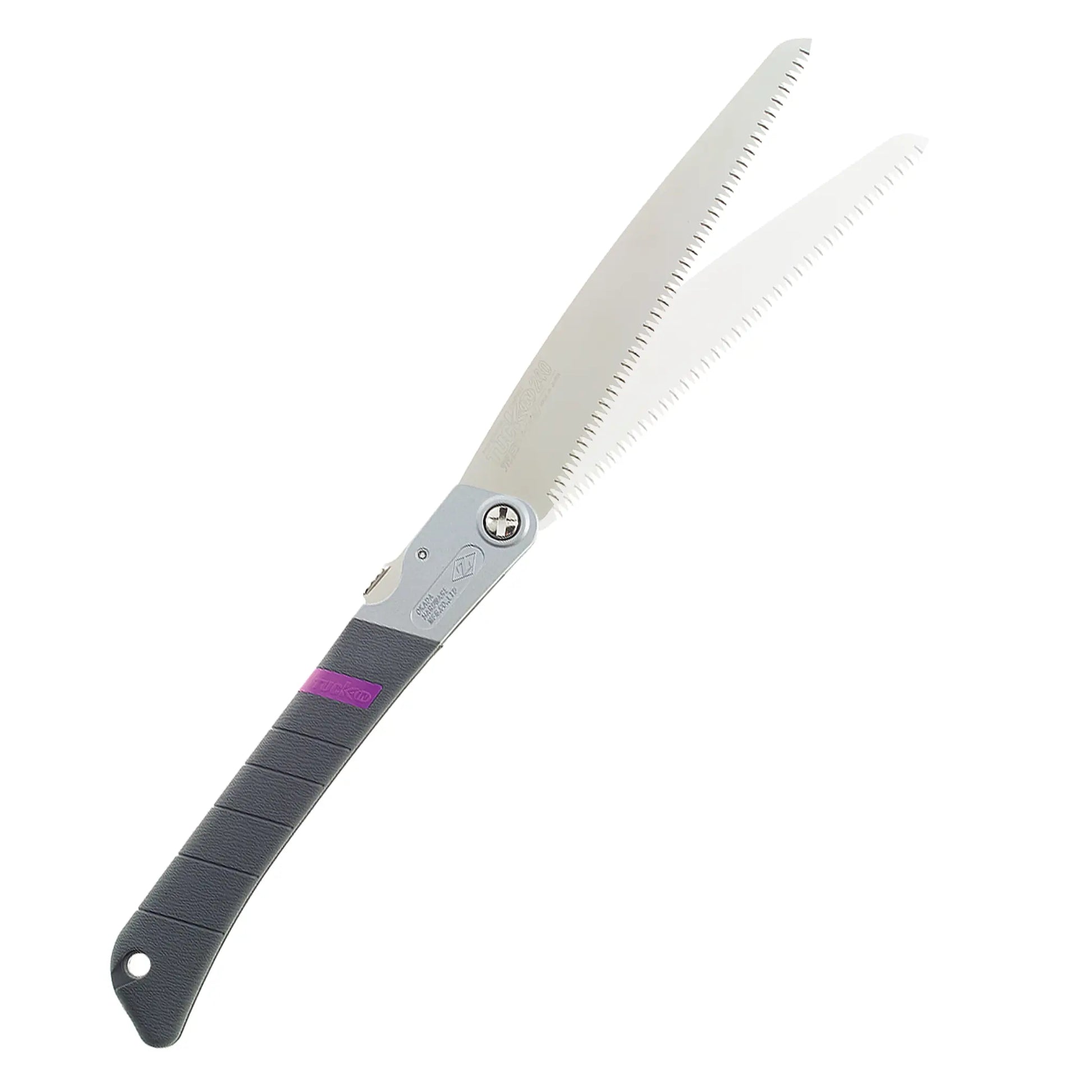 The Zetsaw TUCK-IN 240 Coarse Folding Japanese Saw. Shown extened into its alternate sawing position and on a white background.