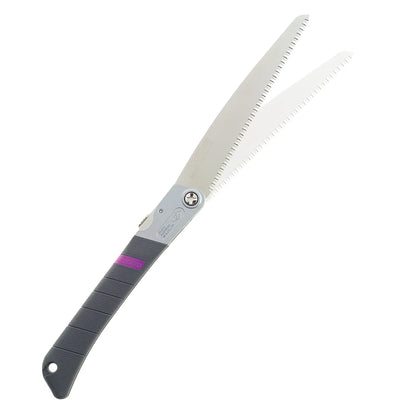 The Zetsaw TUCK-IN 240 Coarse Folding Japanese Saw. Shown extened into its alternate sawing position and on a white background.
