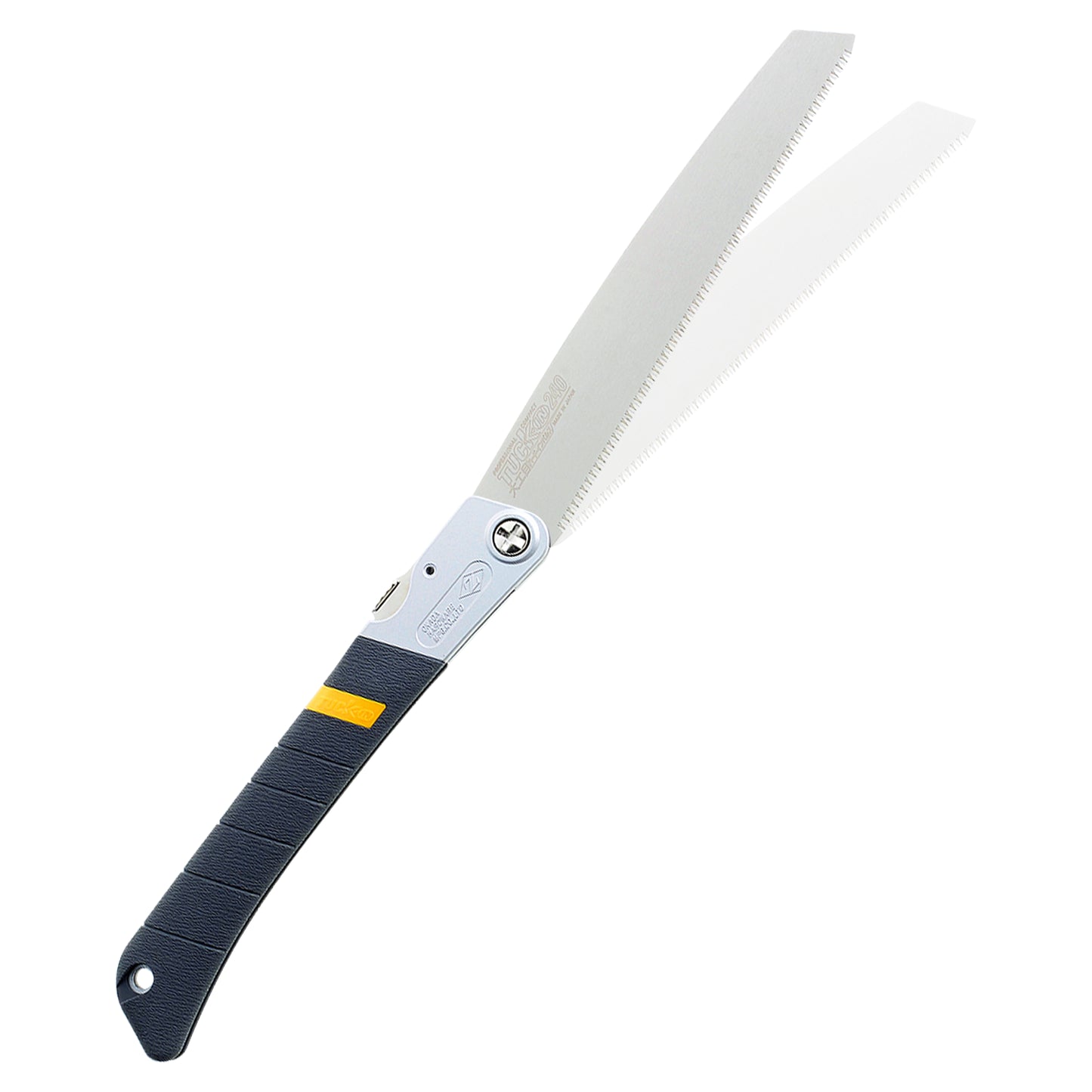 The Zetsaw TUCK-IN 240 Daikume Folding Japanese Saw. Shown extened into its alternate sawing position and on a white background.