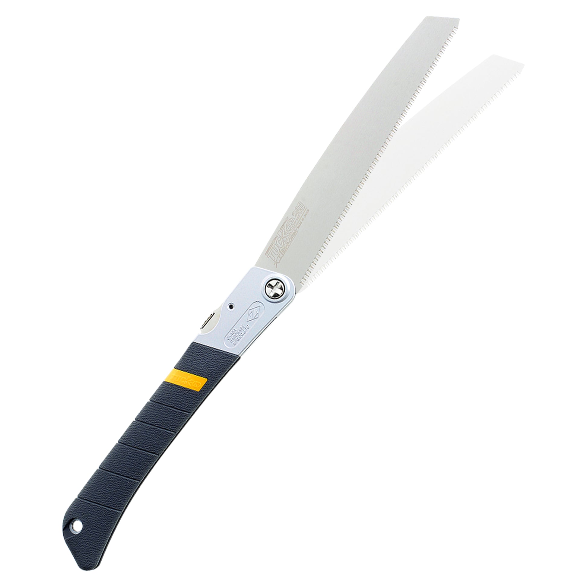 The Zetsaw TUCK-IN 240 Daikume Folding Japanese Saw. Shown extened into its alternate sawing position and on a white background.