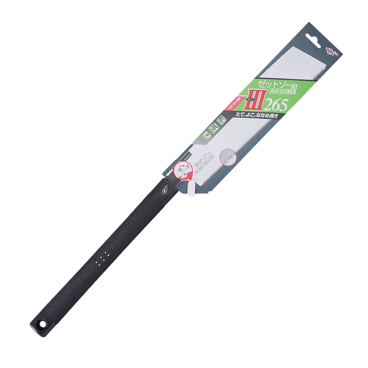 The Zetsaw Universal H-265 Anahiki-nokogiri Japanese Saw. Shown in retail packaging and on a white background.