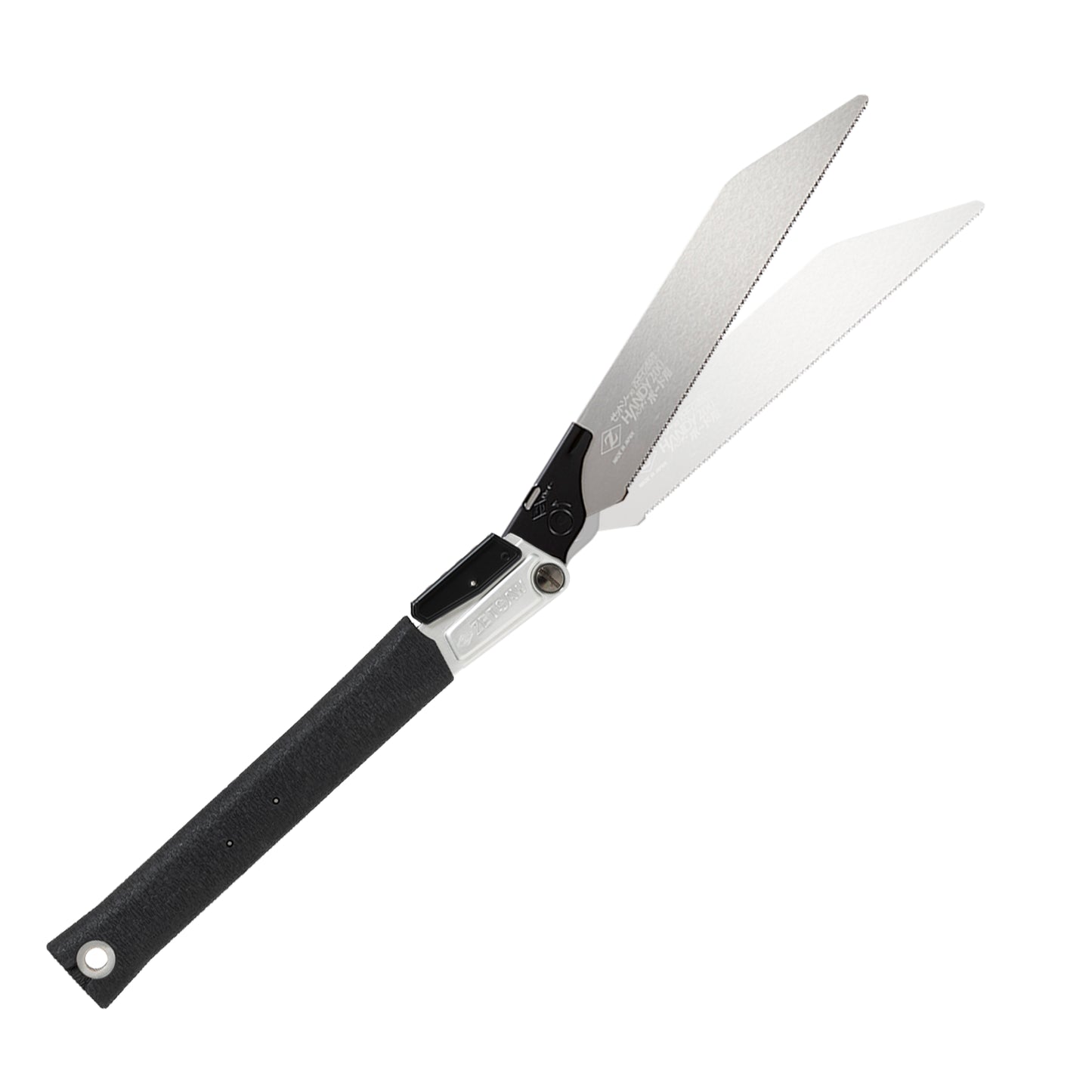 The Zetsaw V Handy200 Board Anahiki-nokogiri Folding Japanese Saw. Shown extened into its alternate sawing position and on a white background.