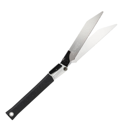 The Zetsaw V Handy200 Board Anahiki-nokogiri Folding Japanese Saw. Shown extened into its alternate sawing position and on a white background.