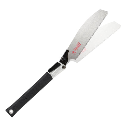 The Zetsaw V Handy200 Daikume Anahiki-nokogiri Folding Japanese Saw. Shown extened into its alternate sawing position and on a white background.