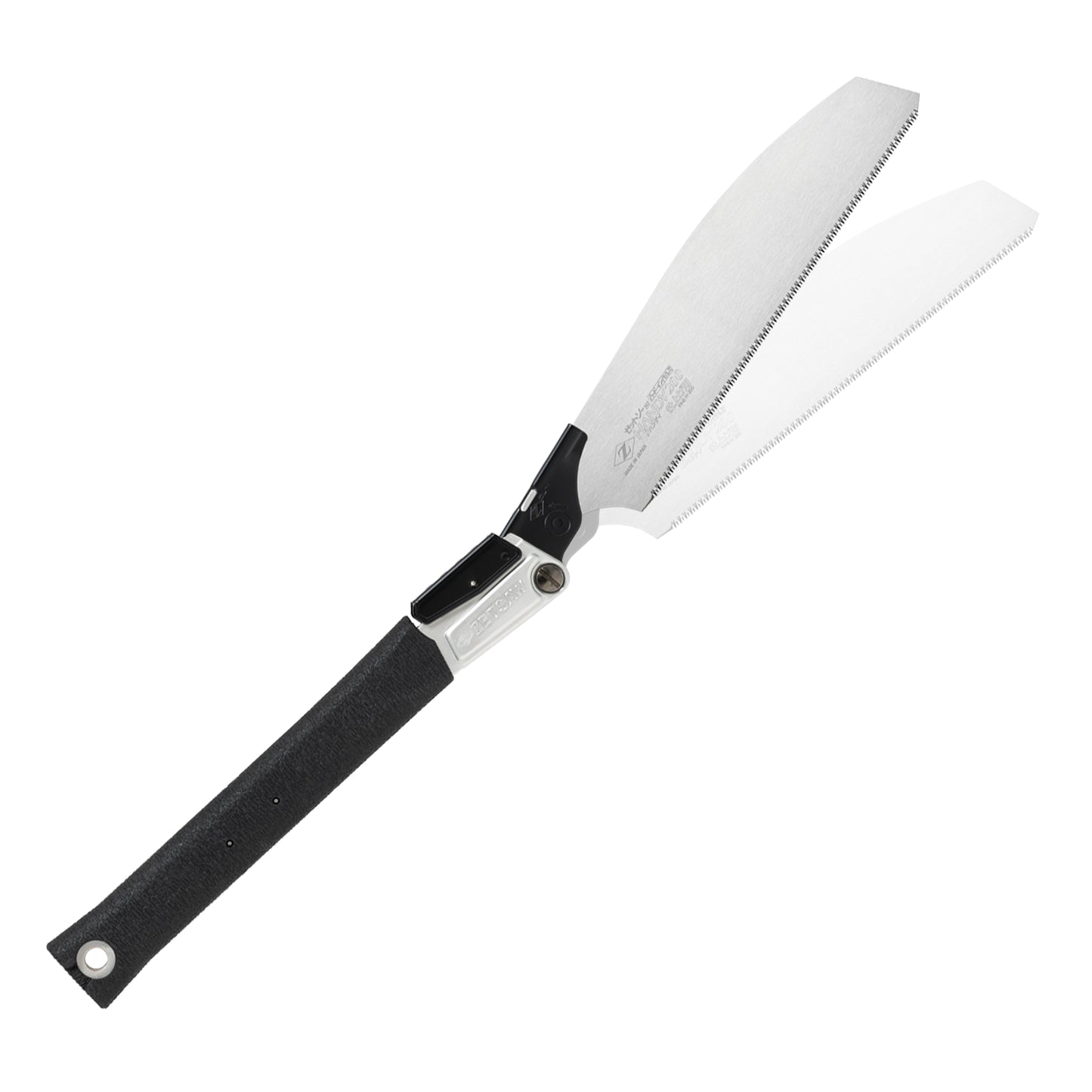 The Zetsaw V Handy200 Fine Anahiki-nokogiri Folding Japanese Saw. Shown extened into its alternate sawing position and on a white background.