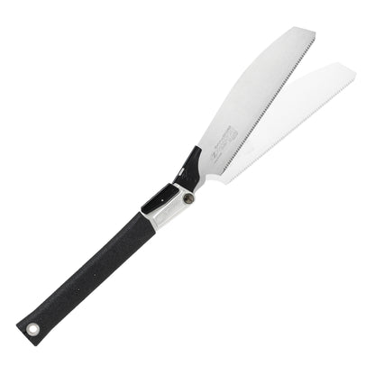The Zetsaw V Handy200 Fine Anahiki-nokogiri Folding Japanese Saw. Shown extened into its alternate sawing position and on a white background.