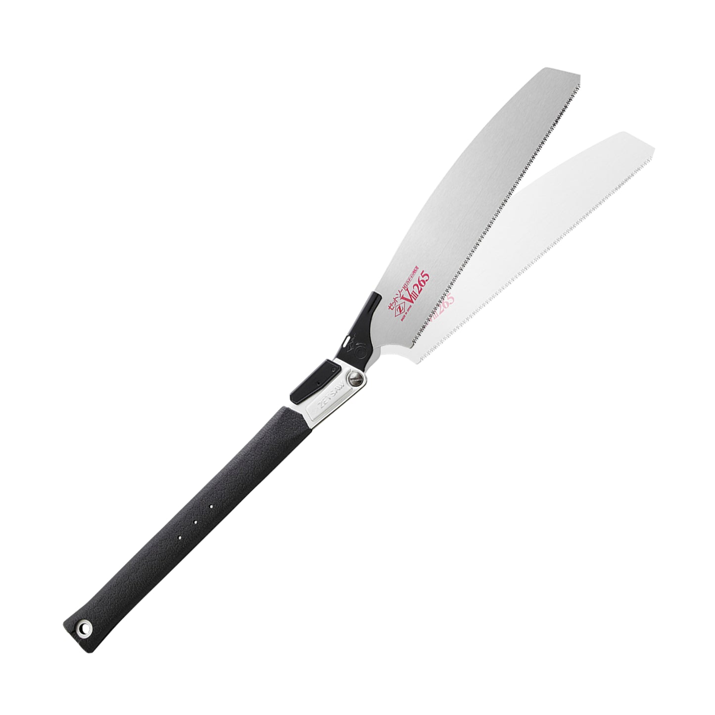 The Zetsaw VIII H-265 Anahiki-nokogiri Folding Japanese Saw. Shown extened into its alternate sawing position and on a white background.
