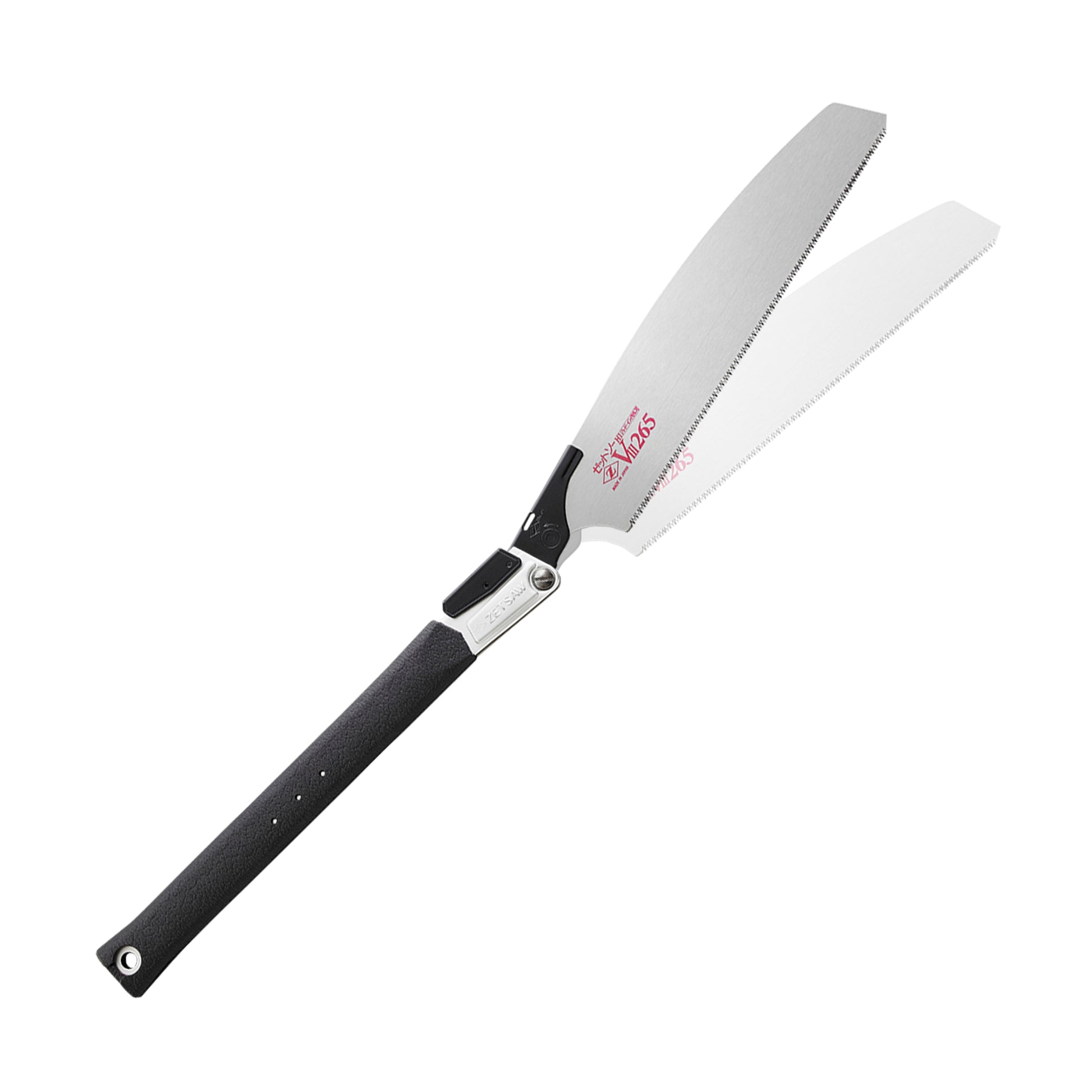 The Zetsaw VIII H-265 Anahiki-nokogiri Folding Japanese Saw. Shown extened into its alternate sawing position and on a white background.