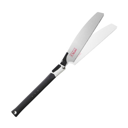 The Zetsaw VIII H-265 Anahiki-nokogiri Folding Japanese Saw. Shown extened into its alternate sawing position and on a white background.