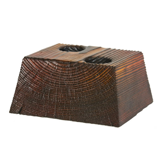 A large wooden tealight holder, finished in a flame colour and shown on a white background.